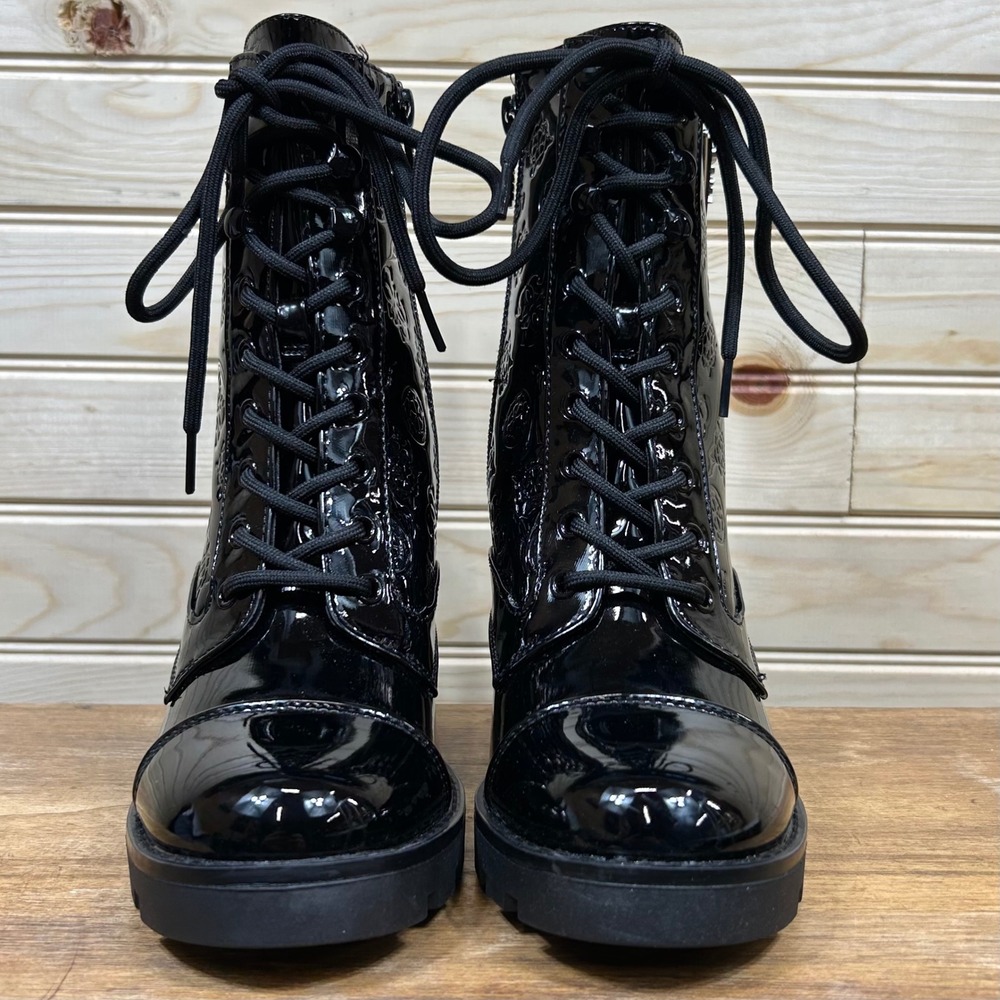 Guess Neadyn3 Black Patent Embossed Logo Combat Boots Block Heel 6M